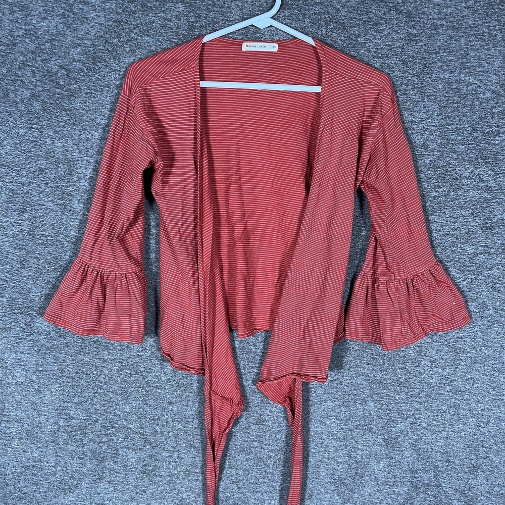 Marine Layer Blouse Womens XS Red Striped‎ Kimono Ruffle Bell Sleeve Top
